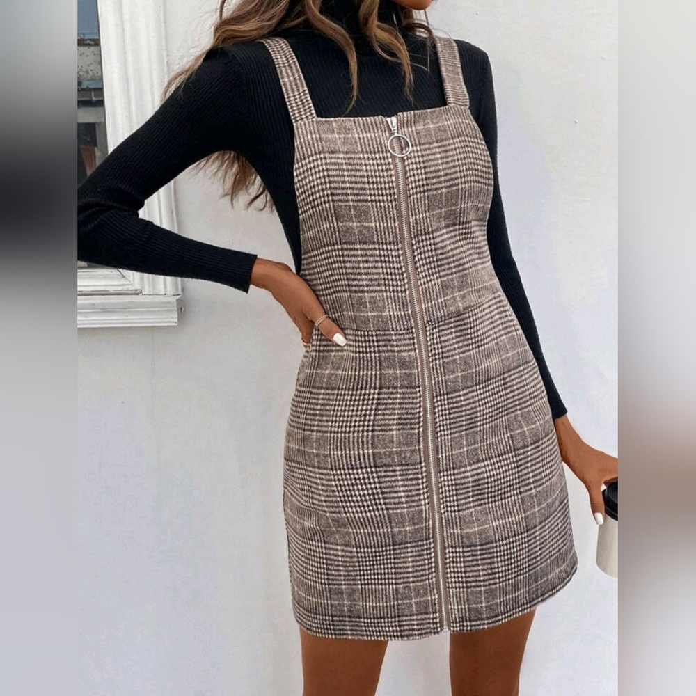🆕️ Women’s Plaid Print Brown Fall Dress Zip Front Overall Dress Size Medium
